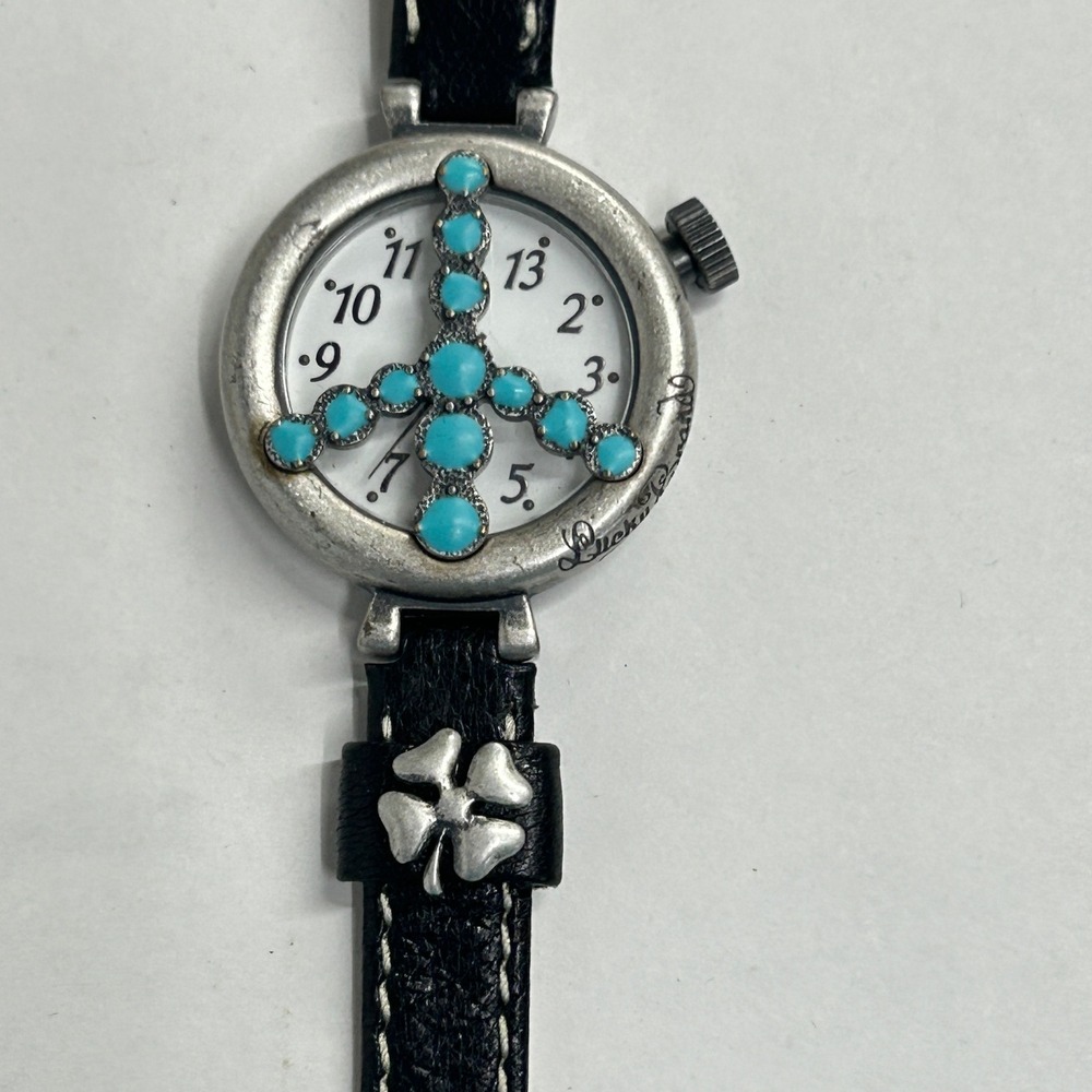 Lucky‎ Brand Peace Sign Turquoise Studded Watch Black Leather Boho Indie Hippie